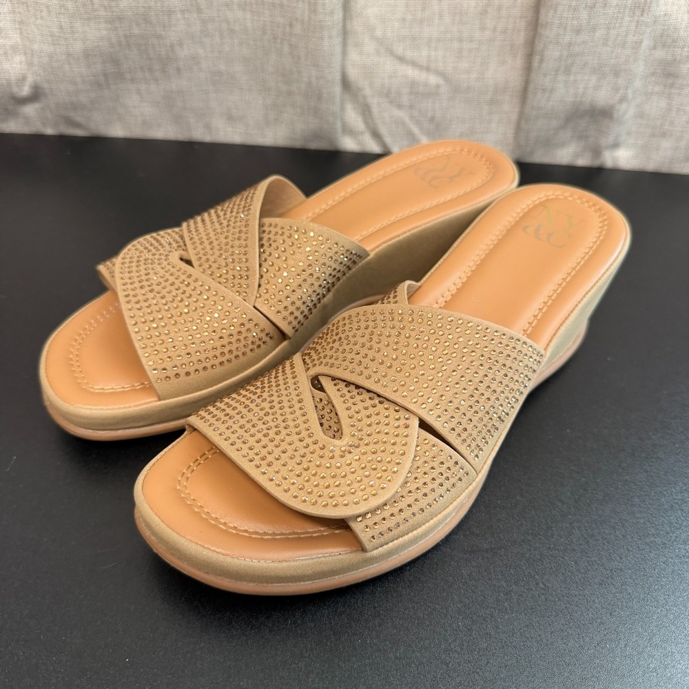 NY&C Wedge Heeled Sandals Women's US 6.5 Brown Embellished Casual Slip On Summer
